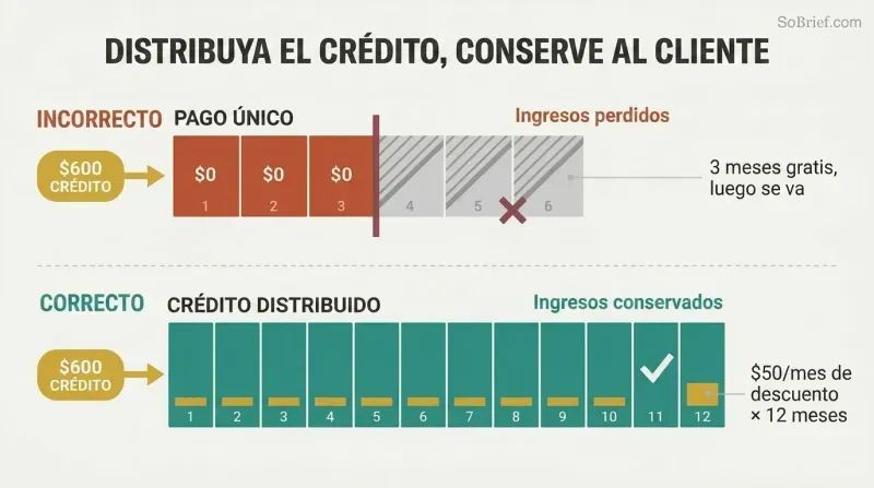Split comparison showing lump-sum credit causing cancellation at month three versus the same credit spread monthly across twelve months retaining the customer.