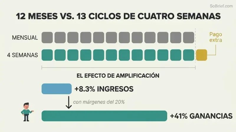 Comparison of twelve monthly payment blocks versus thirteen four-week payment blocks, with amplification bars showing how 8.3% more revenue becomes 41% more profit.