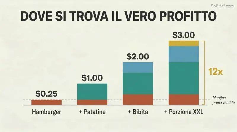 Four ascending bars showing how adding fries, a drink, and a supersize to a burger multiplies profit from $0.25 to $3.00—a 12x increase.