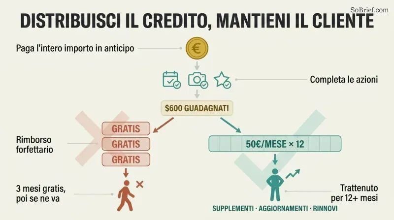 Flow diagram showing upfront payment leading to earned credit, then forking into a lump refund that loses customers versus a monthly spread that retains them.