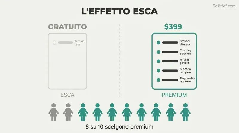 Split panel comparing a bare-bones free decoy offer with only one feature against a fully loaded premium offer with five features, with eight of ten figures choosing the premium side.