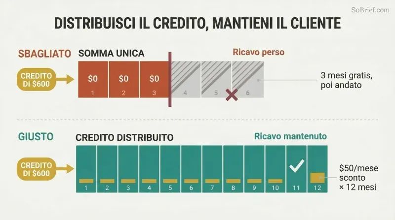 Split comparison showing lump-sum credit causing cancellation at month three versus the same credit spread monthly across twelve months retaining the customer.