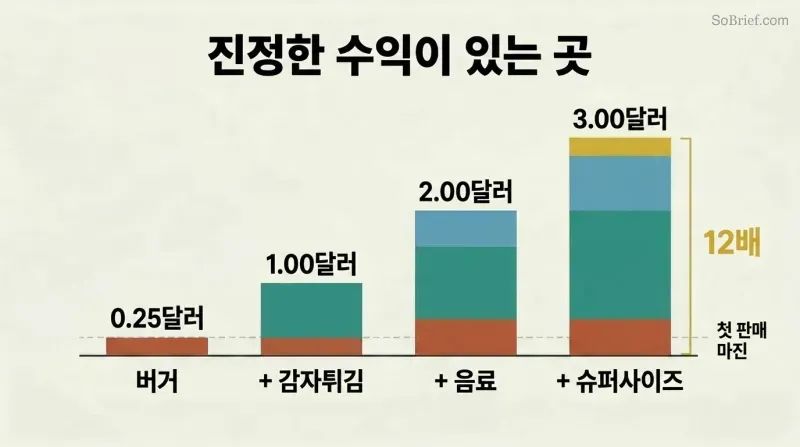 Four ascending bars showing how adding fries, a drink, and a supersize to a burger multiplies profit from $0.25 to $3.00—a 12x increase.