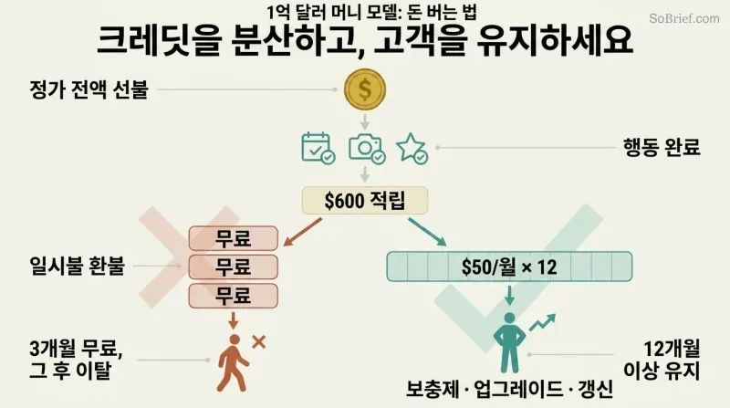 Flow diagram showing upfront payment leading to earned credit, then forking into a lump refund that loses customers versus a monthly spread that retains them.