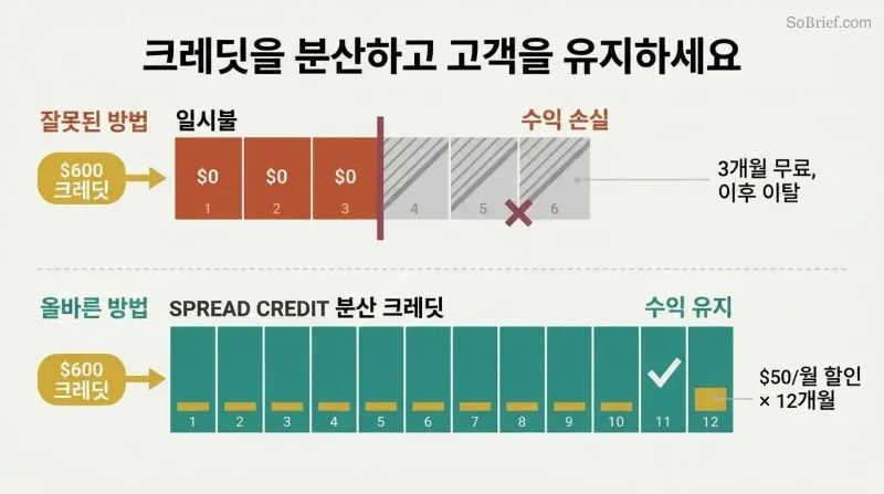 Split comparison showing lump-sum credit causing cancellation at month three versus the same credit spread monthly across twelve months retaining the customer.