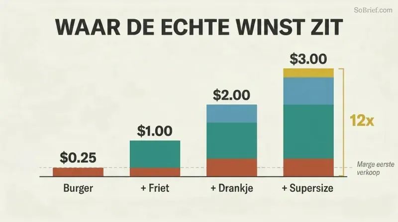 Four ascending bars showing how adding fries, a drink, and a supersize to a burger multiplies profit from $0.25 to $3.00—a 12x increase.