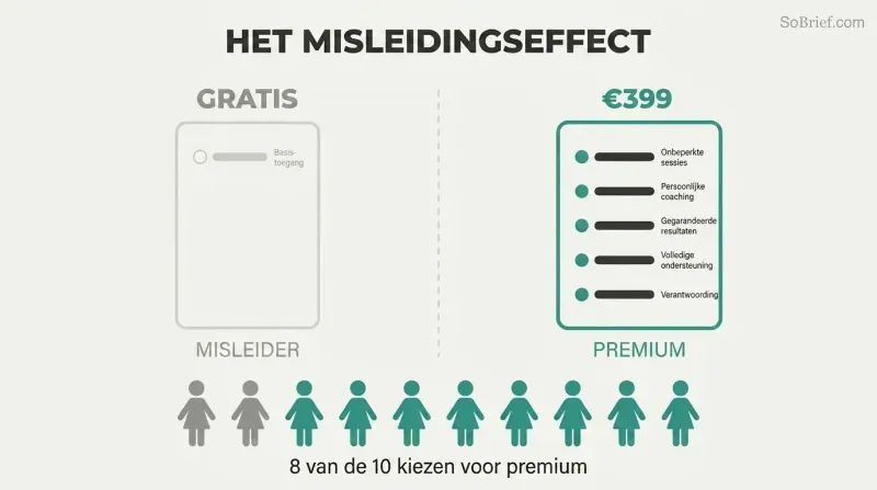 Split panel comparing a bare-bones free decoy offer with only one feature against a fully loaded premium offer with five features, with eight of ten figures choosing the premium side.