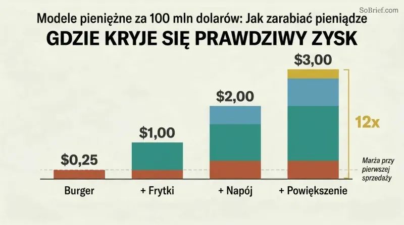Four ascending bars showing how adding fries, a drink, and a supersize to a burger multiplies profit from $0.25 to $3.00—a 12x increase.