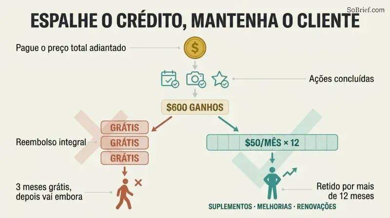 Flow diagram showing upfront payment leading to earned credit, then forking into a lump refund that loses customers versus a monthly spread that retains them.
