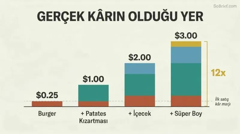 Four ascending bars showing how adding fries, a drink, and a supersize to a burger multiplies profit from $0.25 to $3.00—a 12x increase.