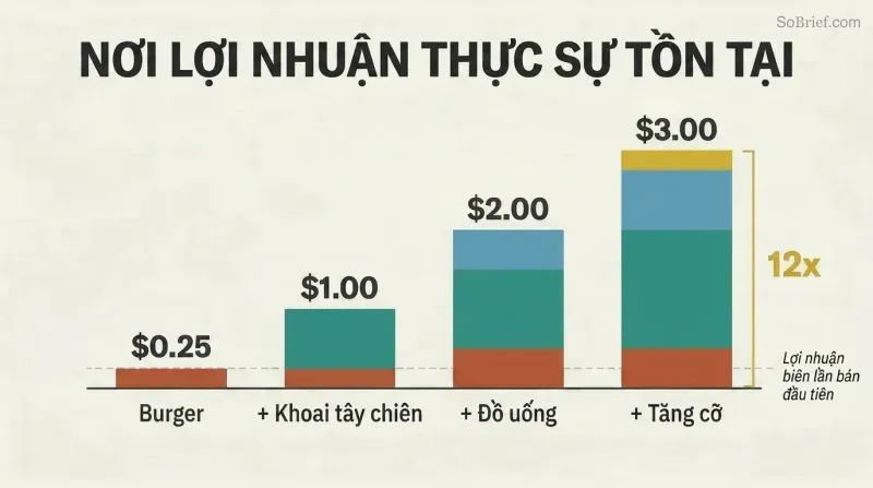 Four ascending bars showing how adding fries, a drink, and a supersize to a burger multiplies profit from $0.25 to $3.00—a 12x increase.