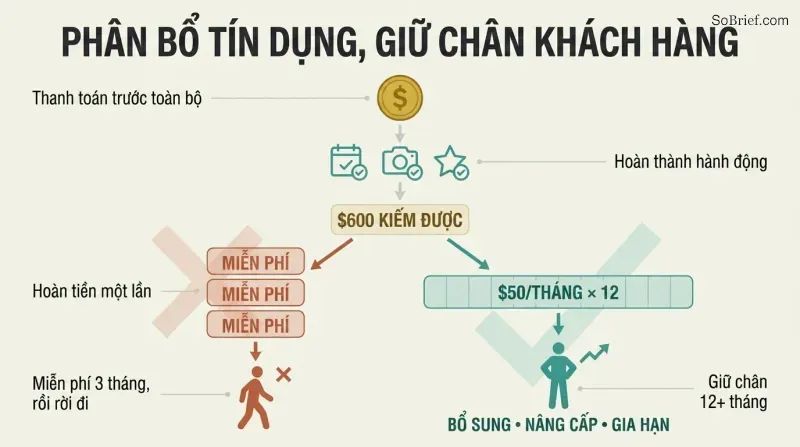 Flow diagram showing upfront payment leading to earned credit, then forking into a lump refund that loses customers versus a monthly spread that retains them.