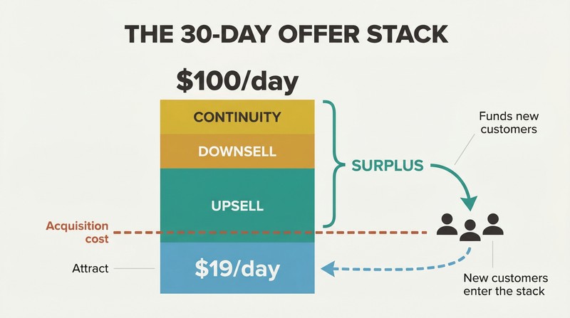 Stacked bar showing four offer layers building revenue from $19 to $100, with surplus above the acquisition cost line looping back to fund new customers.
