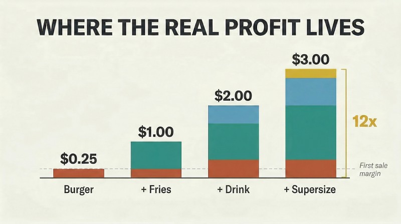 Four ascending bars showing how adding fries, a drink, and a supersize to a burger multiplies profit from $0.25 to $3.00—a 12x increase.