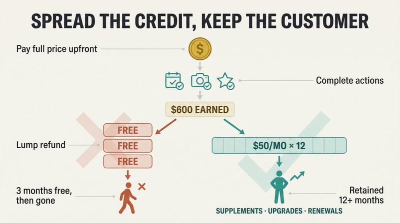 Flow diagram showing upfront payment leading to earned credit, then forking into a lump refund that loses customers versus a monthly spread that retains them.