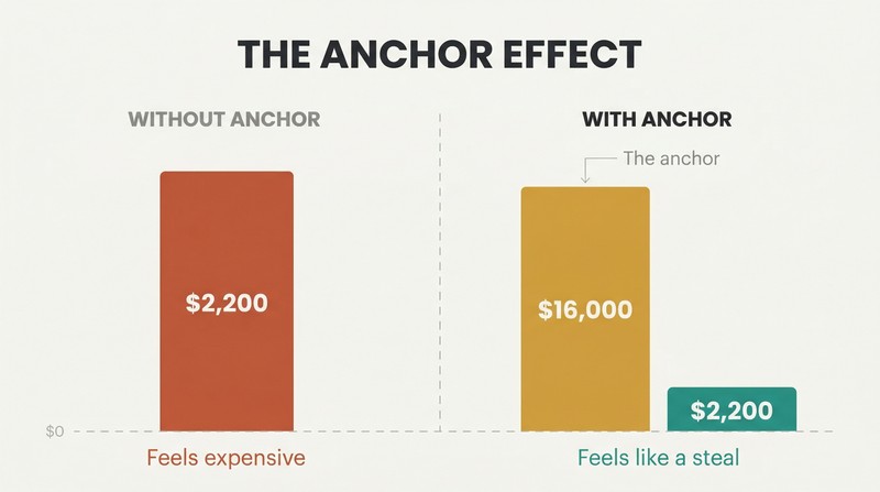 Split panel comparing how a $2,200 price tag appears intimidating alone on the left but feels like a bargain when shown next to a towering $16,000 anchor price on the right.