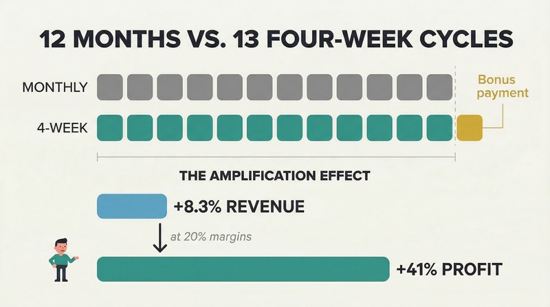 Comparison of twelve monthly payment blocks versus thirteen four-week payment blocks, with amplification bars showing how 8.3% more revenue becomes 41% more profit.