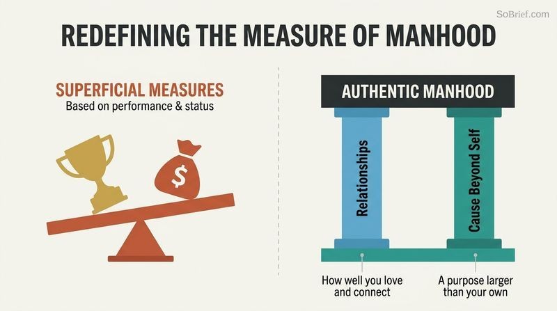 Split diagram contrasting unstable superficial measures of success like trophies and wealth with the stable foundation of authentic manhood built on relationships and a cause beyond oneself.