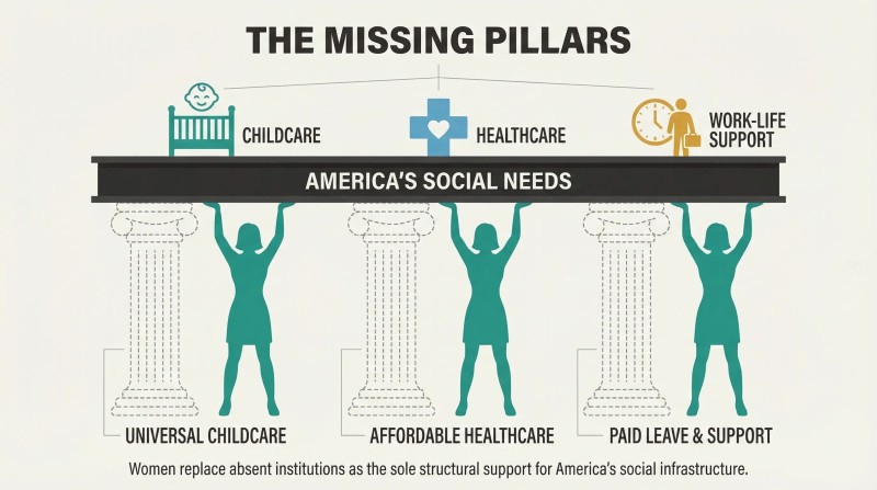 Female silhouettes replace absent institutional pillars, bearing the full weight of a social needs platform without universal childcare, paid leave, or affordable healthcare.