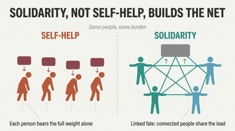Split panel comparing isolated figures collapsing under individual burdens on the left with linked figures forming a strong net that holds weight collectively on the right.