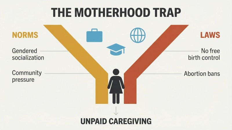 Two converging walls labeled Norms and Laws funnel a woman's multiple life choices into a single narrow outcome of unpaid caregiving.