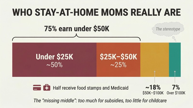 Stacked horizontal bar showing stay-at-home mom income distribution, with 75% earning under $50K and only 7% above $100K, shattering the wealthy-housewife stereotype.