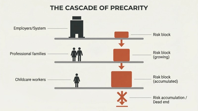 Three-tier vertical cascade where terracotta risk blocks grow larger at each descending rung, from employers to professional families to childcare workers with no outlet below.