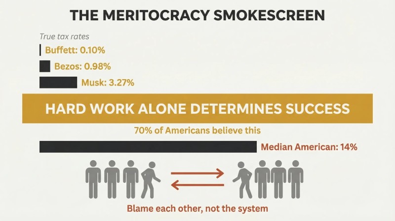 Layered barrier diagram with tiny billionaire tax rate bars above an amber wall labeled as the meritocracy myth, and a much larger median American tax bar with divided figures below.