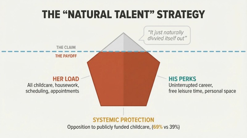 Iceberg cross-section where a small "natural talent" claim above the waterline conceals large strategic domestic labor gains below.