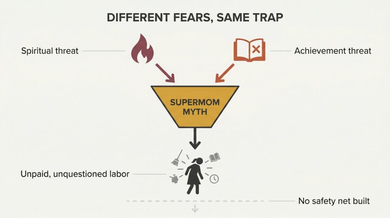 Convergence funnel showing religious and secular maternal fears both feeding into the Supermom myth, which produces unpaid labor and blocks the social safety net.