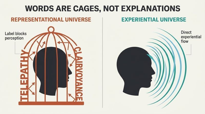 A split-panel diagram comparing a mind trapped inside a literal cage formed by the word "TELEPATHY" with a free mind radiating unconstrained experiential waves.