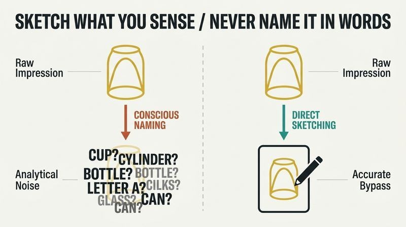 A split-panel diagram showing how trying to name a subconscious impression verbally creates cognitive noise, while sketching it directly preserves the pure raw shape.