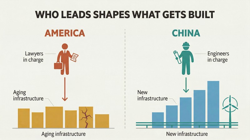 Split panel contrasting America's lawyer-led stagnation with crumbling infrastructure against China's engineer-led growth with rising modern infrastructure.