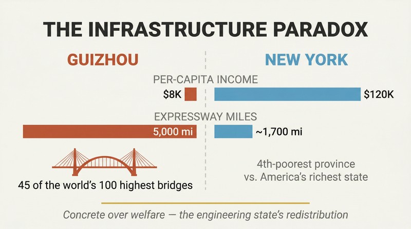 Split comparison showing Guizhou with tiny income bar but massive expressway bar versus New York with massive income bar but small expressway bar, revealing an inverted relationship between wealth and infrastructure.