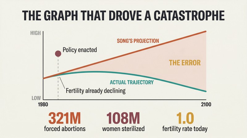 Two diverging population projection lines — one straight and steep, one curving downward — separated by a gap labeled as the policy error zone, with human consequence figures below.