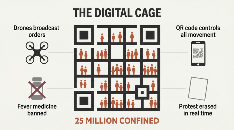 Large QR code with grid lines forming prison bars around dozens of tiny trapped human silhouettes, surrounded by labeled surveillance tools like drones and censored posts.