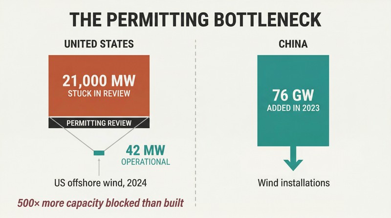 Split comparison showing a massive block of US clean energy projects trapped above a narrow permitting barrier with only a tiny fraction operational, beside China's wide-open construction flow.