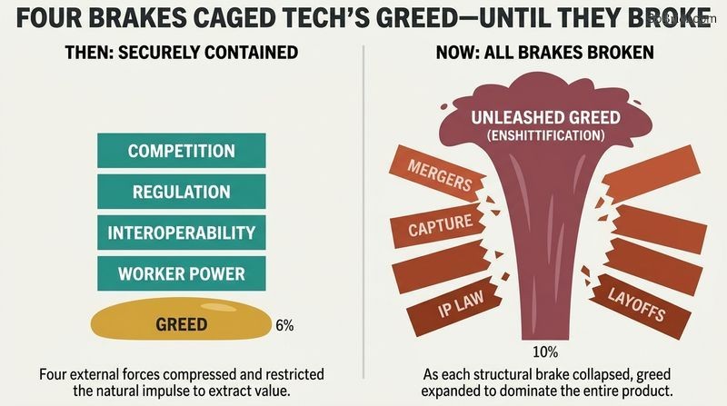 A side-by-side comparison diagram showing how four solid regulatory and economic barriers once safely compressed tech greed, but have now all shattered, allowing greed to erupt unchecked.