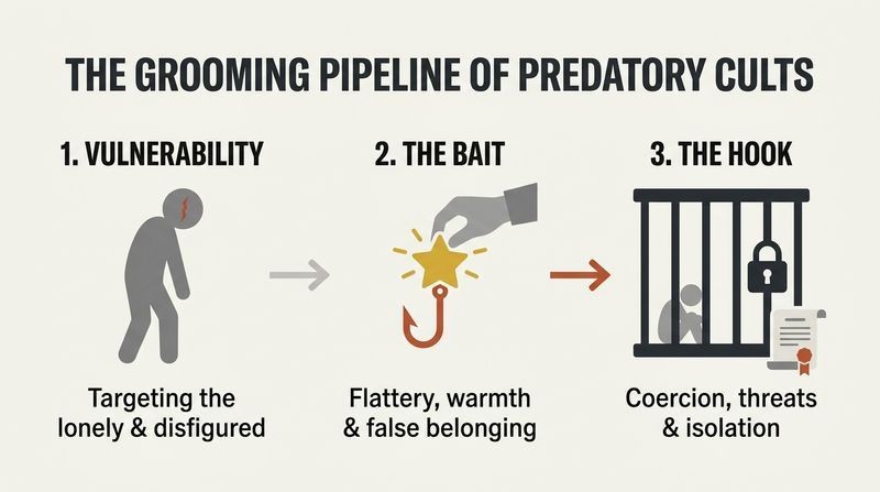 Three-panel sequential diagram mapping the cult recruitment process from isolated vulnerability to false acceptance, ending in coercion and confinement.
