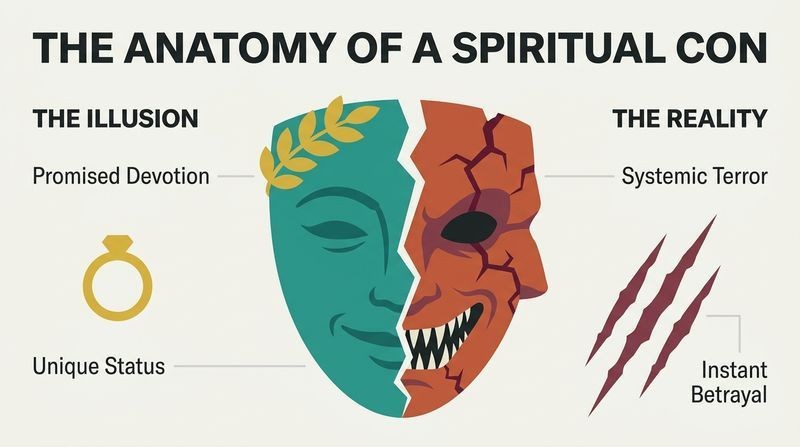 A split theatrical mask showing a beautiful teal and gold serene face on the left, and a cracked, terrifying terracotta face on the right, illustrating how promised devotion masks a system of fear and betrayal.