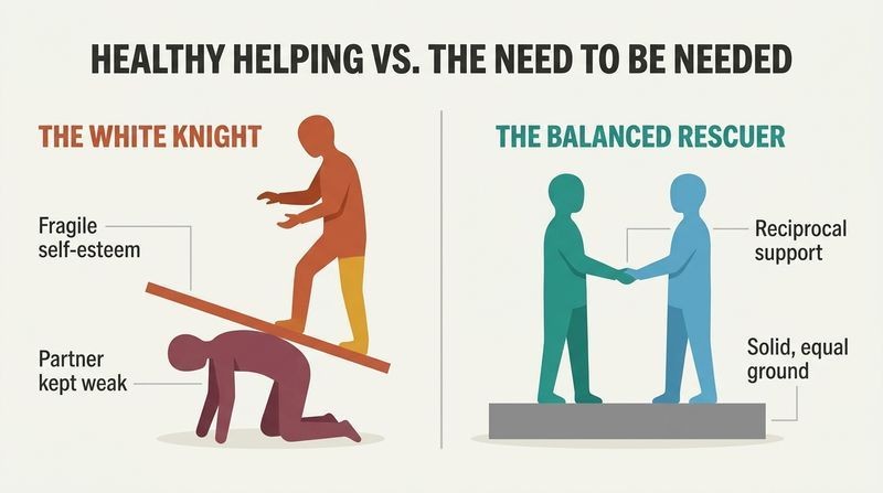 Split panel diagram contrasting a White Knight standing precariously on a plank supported by a weak partner with two balanced, healthy partners standing side-by-side on a solid foundation.
