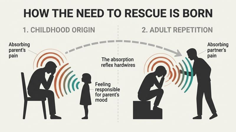 Split panel diagram showing how a child absorbing a parent's pain becomes an adult reflexively absorbing a partner's distress.
