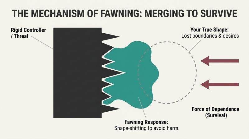 Visual metaphor diagram showing a fluid teal shape perfectly molding itself into the sharp, jagged crevices of a rigid charcoal block, leaving its own natural round boundaries behind as a dashed gray line.