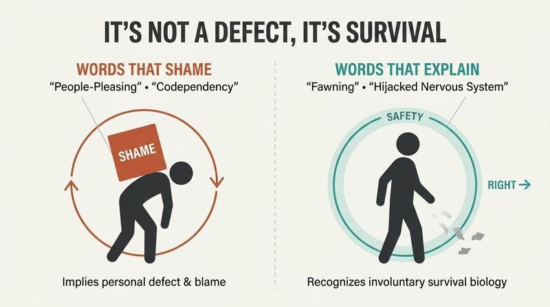 Split diagram comparing how shame-based labels lock people in a cycle of blame, whereas understanding fawning as a hijacked nervous system creates safety and recovery.