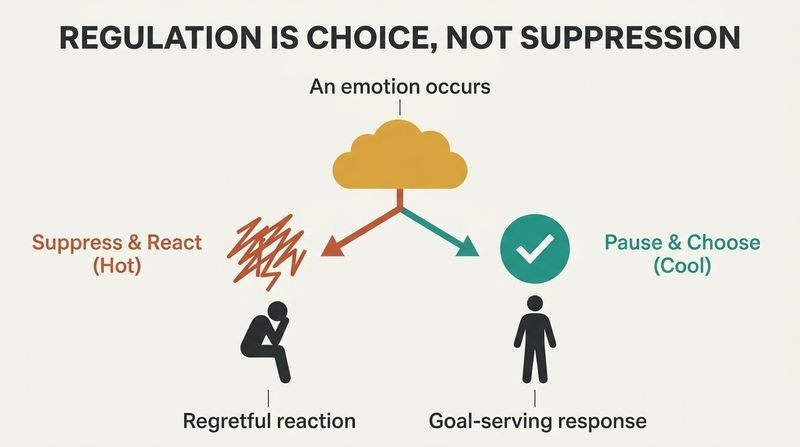 Fork diagram showing how a triggered emotion leads to either a hot, automatic reaction resulting in regret, or a cool, deliberate response serving your goals.