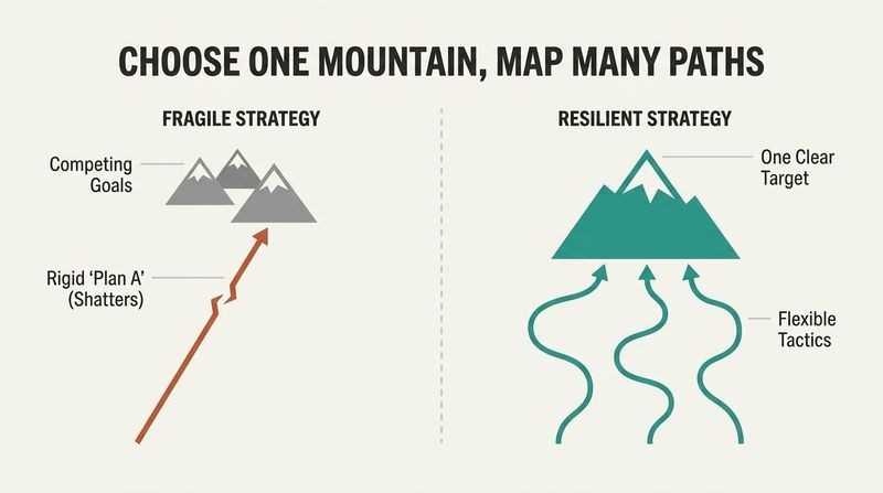 Split-panel diagram contrasting fragile planning (multiple goals with a single broken path) against resilient planning (one single goal with multiple flexible paths climbing toward it).
