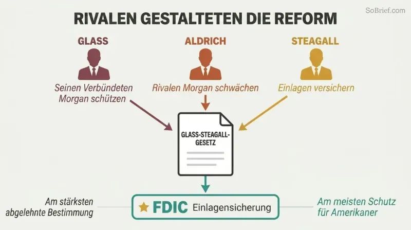 Three figures representing Glass, Aldrich, and Steagall push self-interested arrows into a central bill, with the most-opposed provision highlighted as the most beneficial outcome.