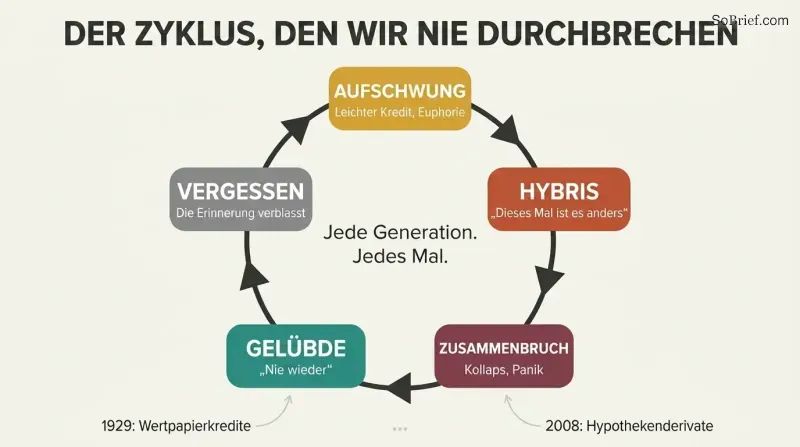 Circular five-phase loop showing boom, hubris, crash, vow, and forgetting repeating endlessly across financial generations.