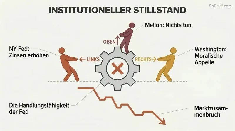 Three silhouette figures pulling a central lever in opposing directions, freezing it in place while a market line plunges sharply downward below.