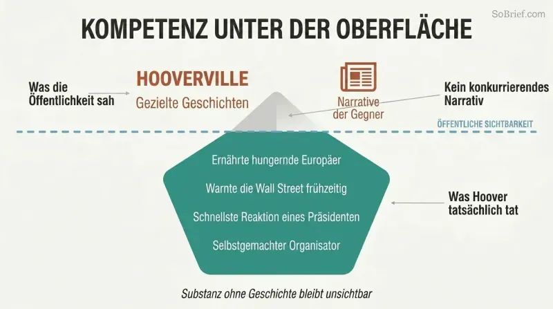 Iceberg diagram showing Hoover's vast hidden accomplishments submerged below a waterline while opponent narratives dominate the small visible space above.